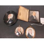 Three 19th century and later portrait miniatures on ivory and a small kpm type porcelain miniature
