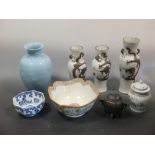 A group of Oriental items to include a Cantonese famille rose bowl, a garniture of cracked Celadon