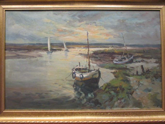 Jack Cox (British, 1914-2007) North Norfolk estuary with fishing boats; and Fishing boats moored