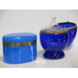 Blue Glass Egg with shot glasses together with a blue glass and gilt metal oval box (2)
