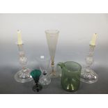 A pair of 19th Century glass candlesticks and three single glasses and a glass tankard