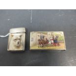 An early 20th century silver vesta case, the face enamelled with a horse and coach scene, another
