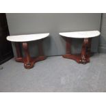 A pair of Victorian walnut and marble demi-lune console tables, 59cm x 90cm each