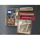 A quantity of mixed small silver items to include penknives, pencils, pocket watch, vesta, coins,
