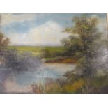 English School, 20th century, View of a Lake, oil on card, together with Landscape with people and a