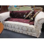 A 1930's Chesterfield type three seater sofa with gold damask upholstery