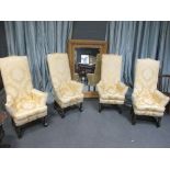 A set of four late Carolean style high back armchairs with figured yellow upholstery (4)