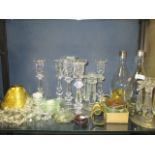 A group of glassware to include candle lustres, bottles etc