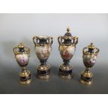 Two pairs of Vienna two handled pedestal vases and covers, painted with continuous classical