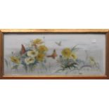 M. Hall, Still Life of flowers and butterflies on a milk glass panel 25 x 60cm