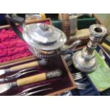 A cased set of silver plated fish knives and forks, a pair of silver plated candlesticks, various