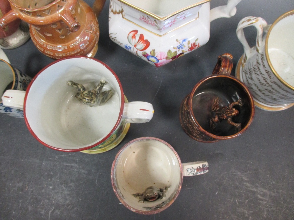 A collection of English pottery to include a puzzle jug frog mugs etc - Image 3 of 8