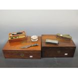 Two 19th century work boxes, a cased brass student's microscope, a Staffordshire enamel patch box, a