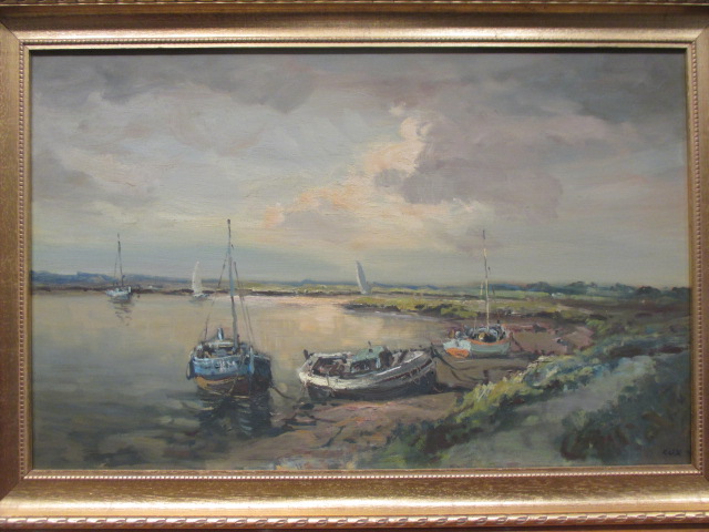 Jack Cox (British, 1914-2007) North Norfolk estuary with fishing boats; and Fishing boats moored - Image 2 of 5