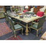 A large green painted dining table, (with two additional extensions, 75cm ), 352cm long x 120cm wide