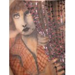 Joan Crawford, charcoal and pastel with applied sequins, indistinctly signed (unframed)