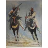 Iranian School circa 1960s. Two mounted tribesmen at a gallop holding rifles, oil on canvas,