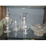 A Victorian glass standing bowl with spire finialled cover and various cut glass