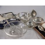 A silver toddy ladle, two cased silver christening sets, silver book cover, cased silver spoon and