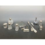 Group of silver mounted glass dressing table jars, shoe horn and a boot hook