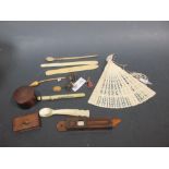 Page turners/book marks, ivorine pen, fan, olive wood vesta, Jerusalem souvenir etc