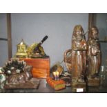 Pair of carved Medieval style eclesiastical figures; a mahogany two compartment tea caddy, brass