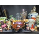 A collection of Doulton miniature character jugs, carnival glass, Medina glass, paperweights and a