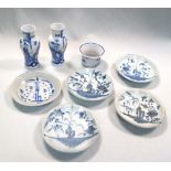 Five provincial plates, a pair of early 20th century vases and a blue and white diminutive