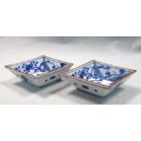 Two Arita blue and white diamond shaped small dishes, each of the brown lined rims enclosing central