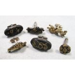 Four menuki cuff links and a pair of bar cuff links mounted with Kashira, the iroe menuki cast as