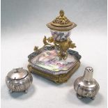 A 19th century Canton enamel dish and tea bowl ormolu mounted as an inkwell, the enamels painted