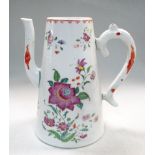 A late 18th century Chinese export coffee pot, the floral painted cylindrical sides tapering to an