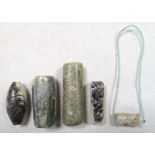 Five jade and agate beads/pendants, two of tubular shape and possibly Neolithic, the larger 5.5cm (2