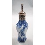 A silver mounted Kangxi blue and white miniature vase and stopper, the flutes to the baluster