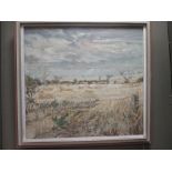 H E Hull, Cornfields at Cople, Bedfordshire, oil on board and two other oils by Doreen Lolle (3)