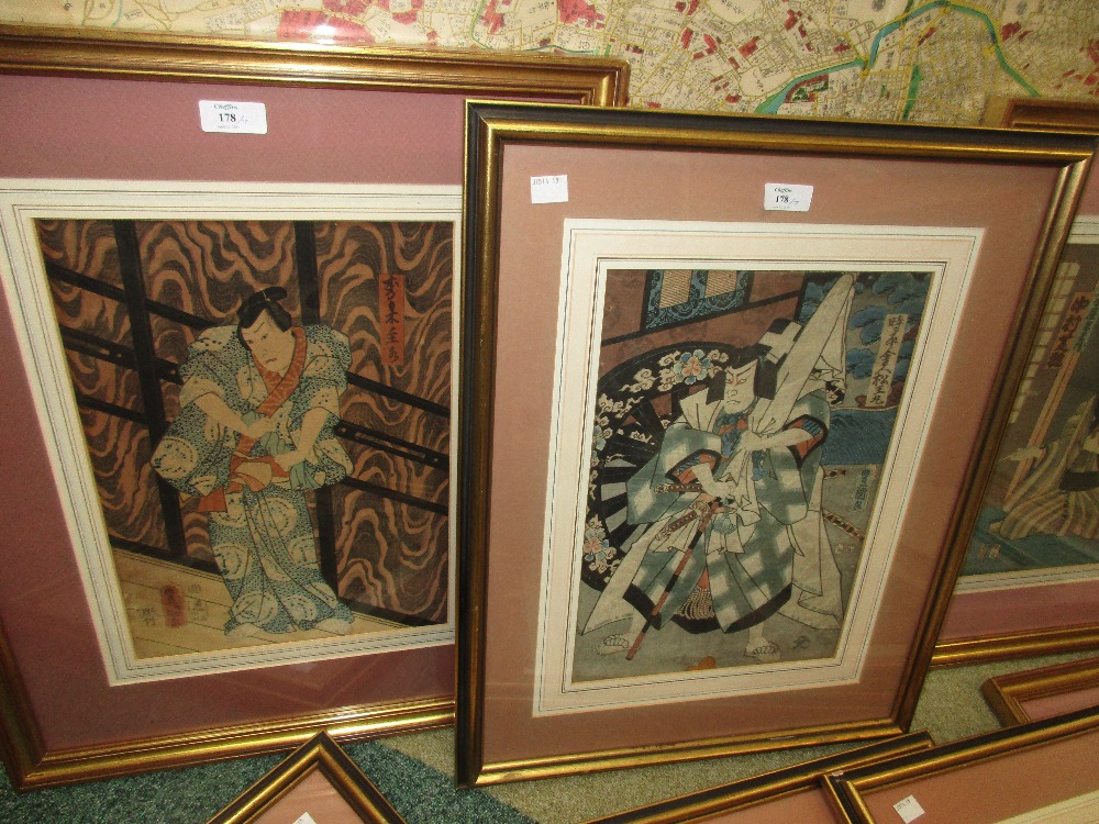 Utugawa School, seven Japanese woodblock prints, oban, within gilt frames (7) - Image 2 of 5