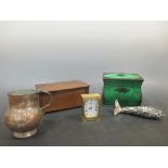 A green two compartment tea caddy, another box, a mother of pearl segmental fish, a clock, etc