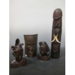 A possibly Sepic river region carved wooden phallus, and other carvings (4)