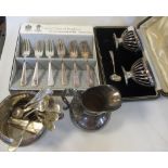 A pair of cased silver salts, a silver sugar bowl, fruit knives etc