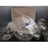 Lace and linen piquot ware, teapot, three Stewart glass bowls etc