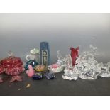 A collection of glass model animals, crockery, Troika Vase, paperweights etc