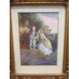 After Fragonard, set of three fan centres, painted with courting scenes and framed, 15 x 10cm