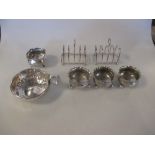 Two silver miniature wire toast racks Birmingham 1923, three Victorian round silver tub salts