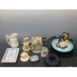 A collection of glass and ceramics, including a blue gadrooned glass bowl and a Gray Stan green