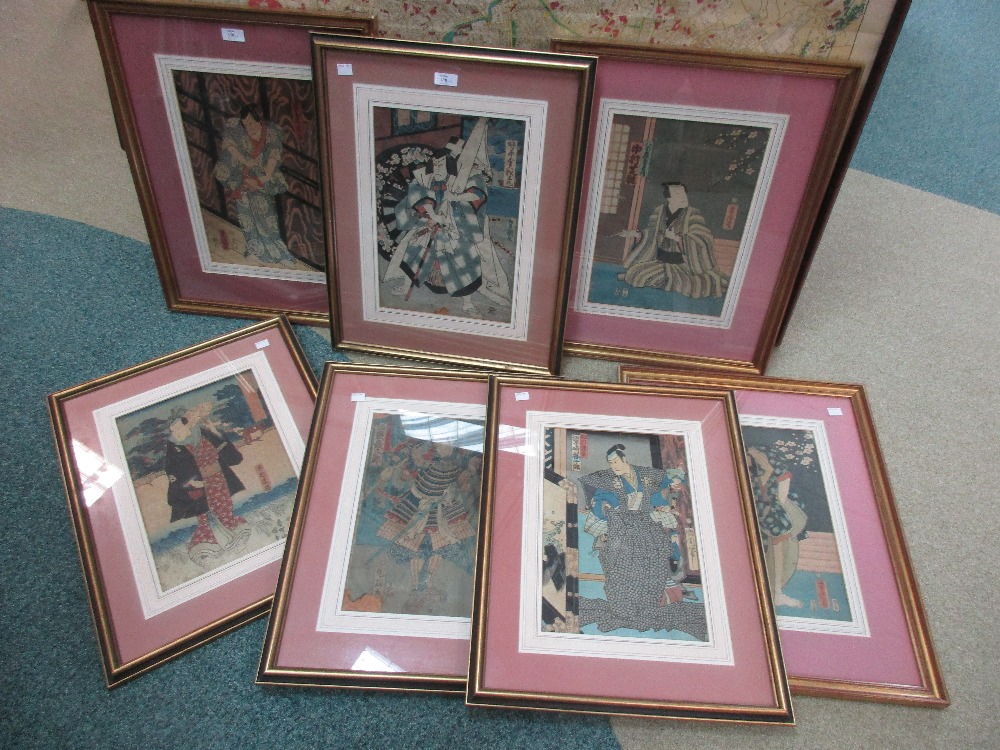Utugawa School, seven Japanese woodblock prints, oban, within gilt frames (7)