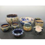 A collection of Doulton salt glazed stonewares, comprising mostly jardinieres and bowls