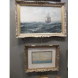 Sailing ship watercolour 21 x 35cm and an oil painting of a ship at sea, 47 x 75cm