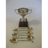 Six silver golfing teaspoons, Birmingham 1928-30, and a trophy cup 1931, together 5.6ozt