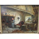 British School (19th century) A pair - Cottage interiors with figures seated by the fore, oil on