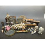 Two boxes, stone specimens, wood Madonna, etc